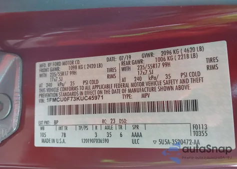 2019 Ford Escape S z USA, uszkodzony, nr VIN 1FMCU0F73KUC45971